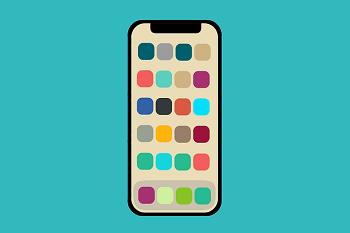 A smartphone with app buttons of all different colors on a turquoise background